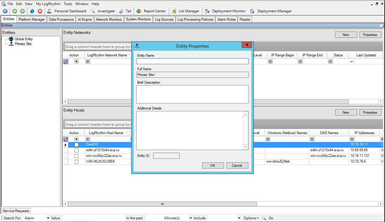 Entity Properties window in LogRhythm.