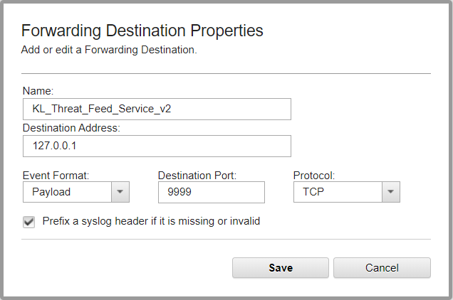 QRadar の［Forwarding Destination Properties］ウィンドウ。