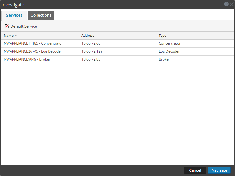 RSA NetWitness の［Services］タブ。