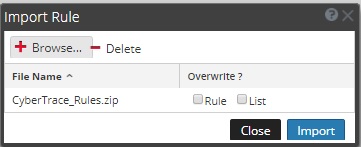 RSA NetWitness の［Import Rule］ウィンドウ。