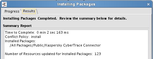 Окно Installing Packages Completed в ArcSight.