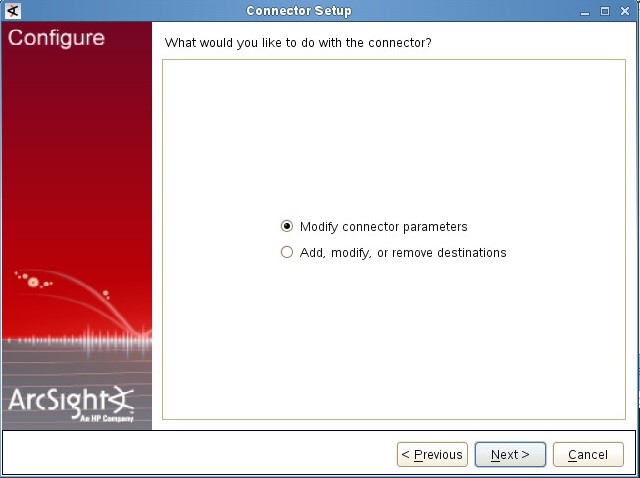 Выбор Modify connector parameters в ArcSight.