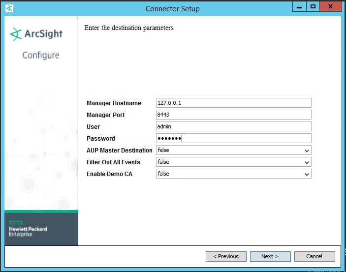 Окно Enter the destination parameters в ArcSight.