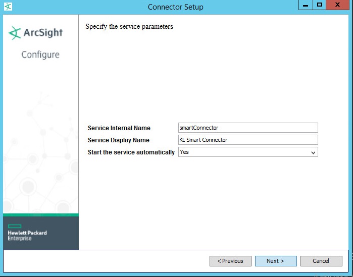 Окно Specify the service parameters в ArcSight.