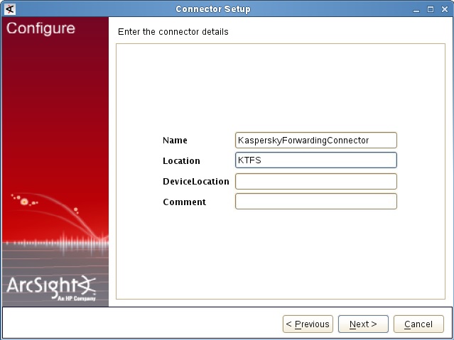 Окно Enter the connector details в ArcSight.