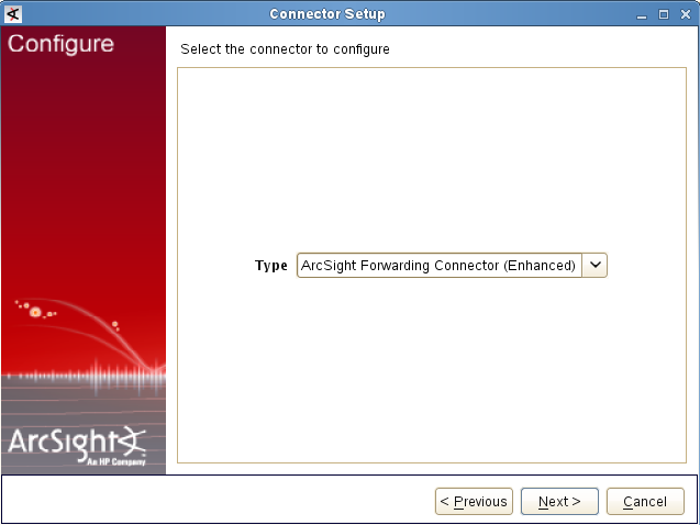 Окно Select the connector to configure в ArcSight.