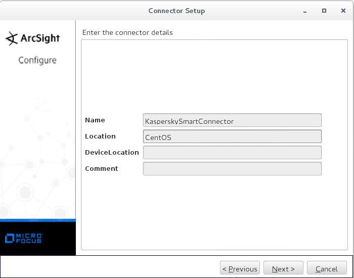 Окно Enter the connector details в ArcSight.