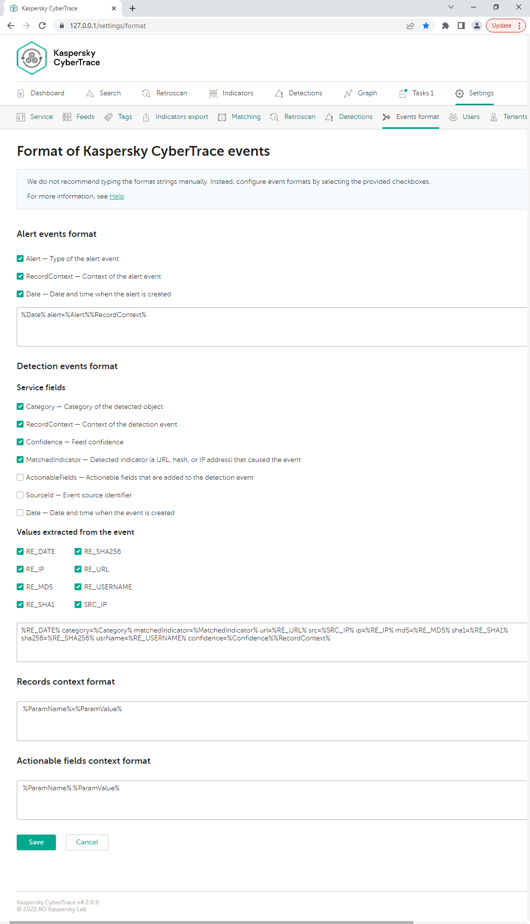 Раздел Format of CyberTrace events.