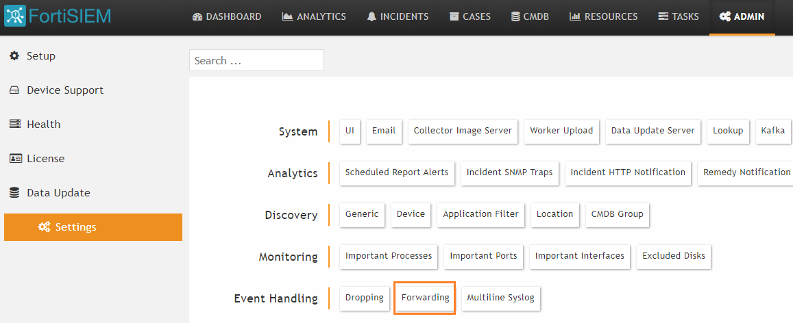 Окно Settings в FortiSIEM. Кнопка Forwarding.