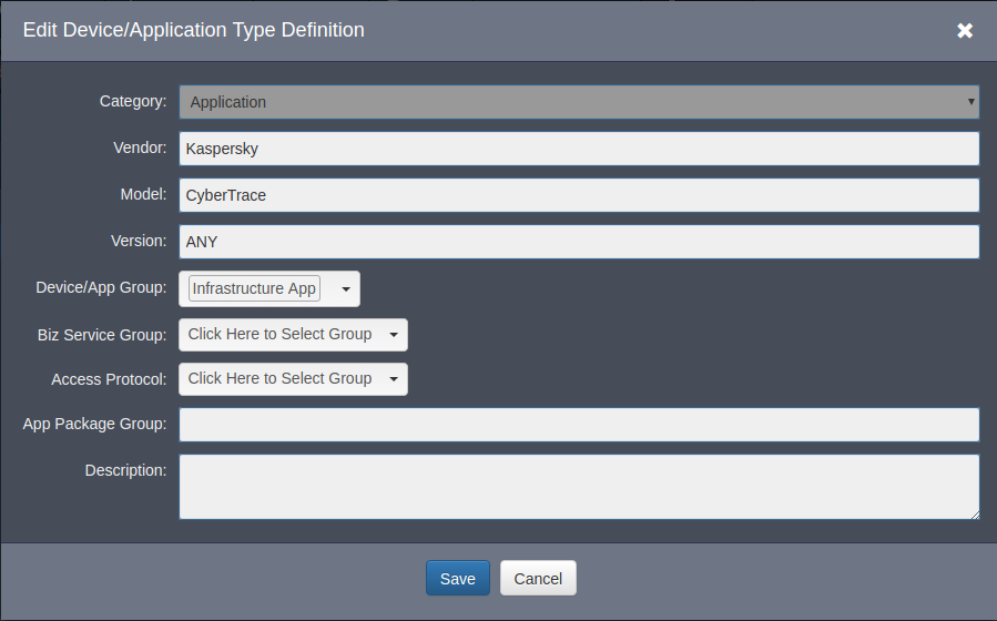 Окно Edit Device/Application Type Definition в FortiSIEM.