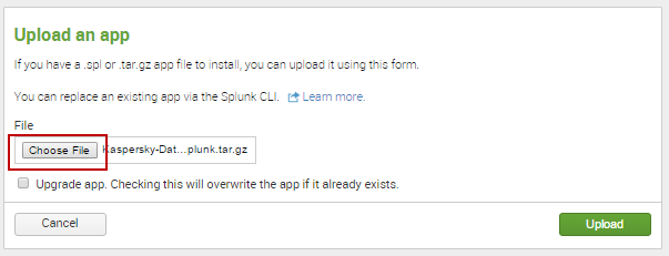 Окно Upload an app в Splunk. Кнопка Choose File.