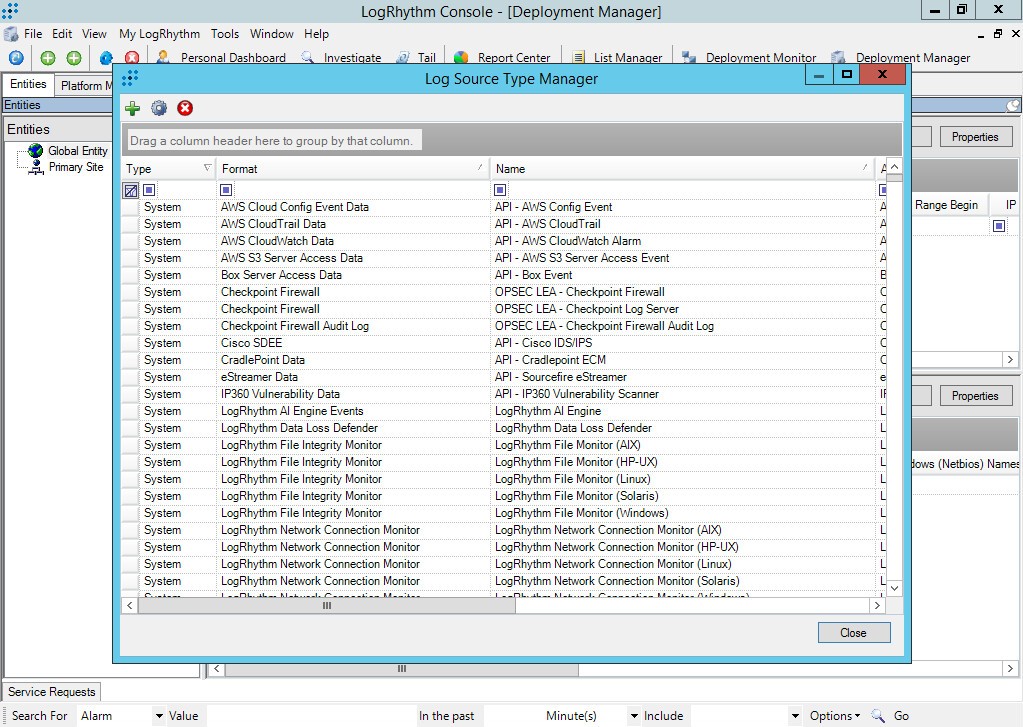 Окно Log Source Type Manager в LogRhythm.