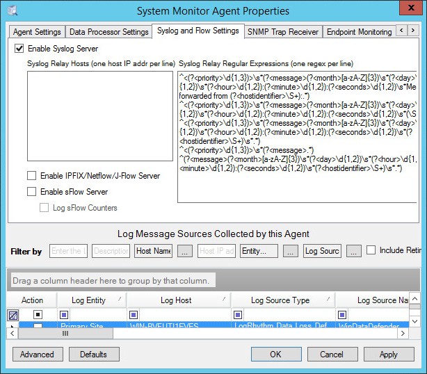 Окно System Monitor Agent Properties в LogRhythm.