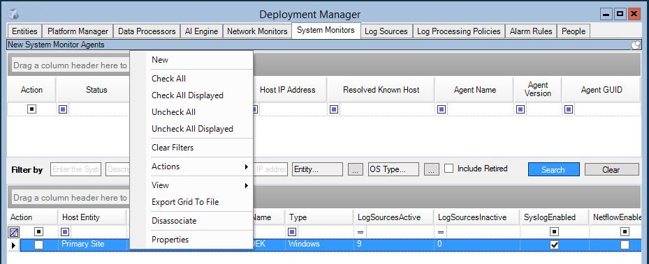 Окно Deployment Manager в LogRhythm. Контекстное меню.