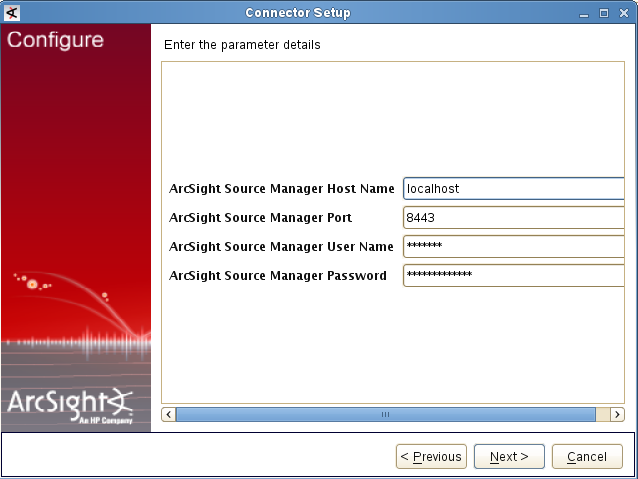 Окно Enter the parameter details в ArcSight.