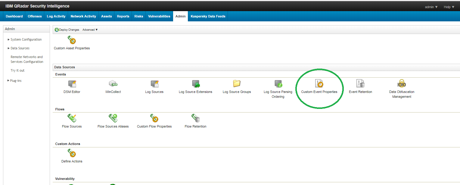 Вкладка Admin в QRadar. Значок Custom Event Properties.