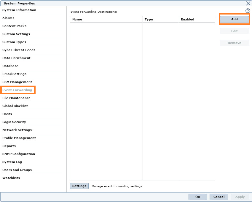 Окно System Properties в McAfee. Event Forwarding. Кнопка Add.