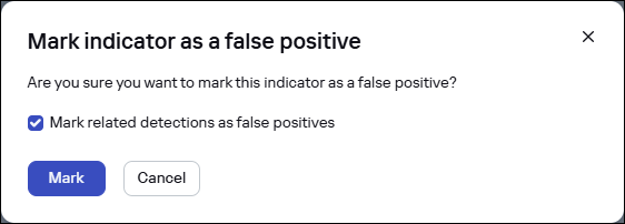 CyberTrace の［Mark indicator as a false positive］ウィンドウ。