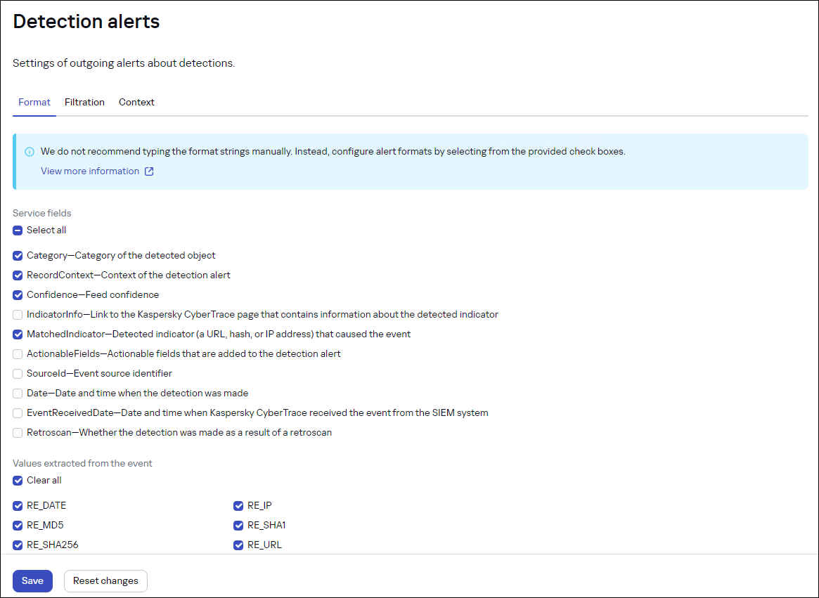 CyberTrace の［Settings］→［Detections page］ページ。［Detection alerts format］タブ。