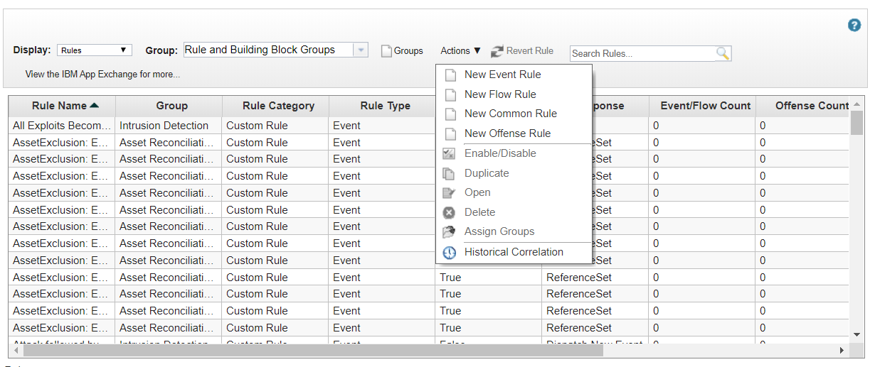 QRadar の［Rules］ページ。［New Event Rule］メニュー項目。