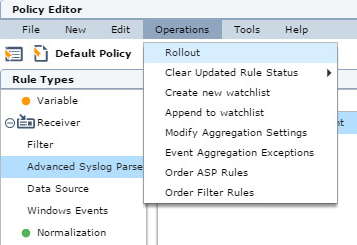 McAfee の［Operations］→［Rollout］メニュー項目。