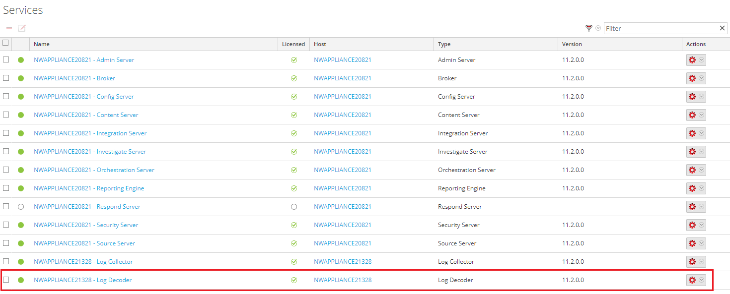 RSA NetWitness の［Services］ウィンドウ。Log Decoder の選択。