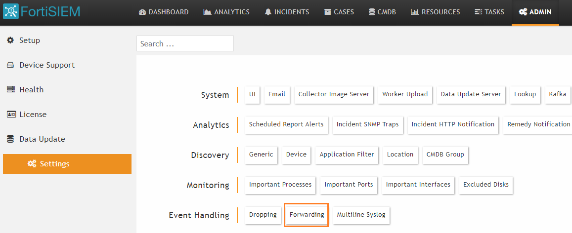 Settings window in FortiSIEM. Forwarding button.