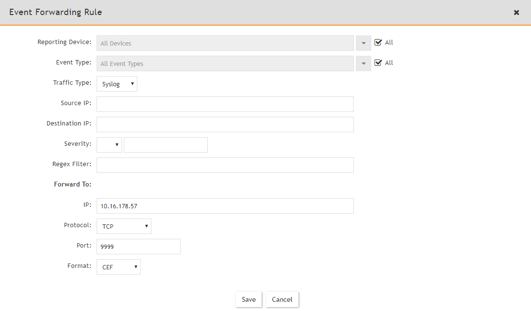 Event Forwarding Rule window in FortiSIEM.