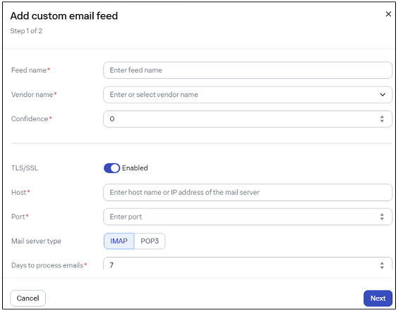 Custom feed window. Email feed type.