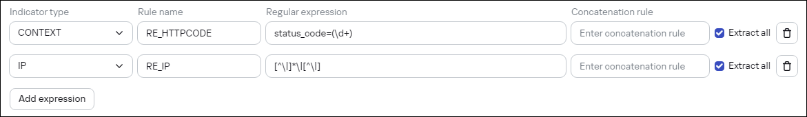 Setting regular expressions and their properties in CyberTrace.