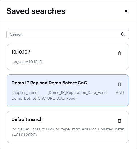 Saved searches window in CyberTrace.