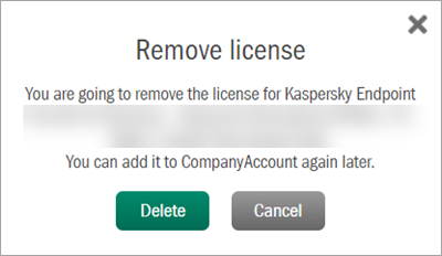 Confirmation of removing a license in Kaspersky CompanyAccount
