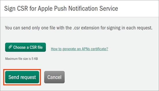 Sending the “Request an APNs certificate” request to receive an APNs certificate