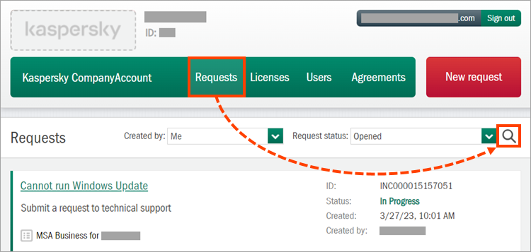 Request search by ID in Kaspersky CompanyAccount