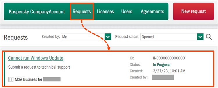 Selecting the request in Kaspersky CompanyAccount