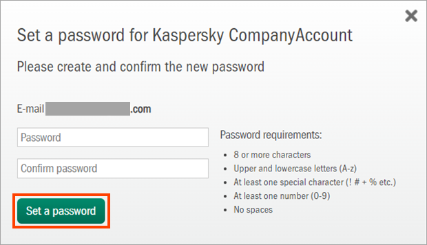 Creating a password in Kaspersky CompanyAccount