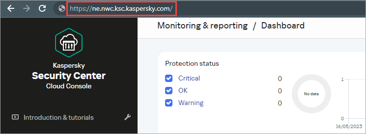 Information about the region in the Kaspersky Security Center Cloud Console address bar