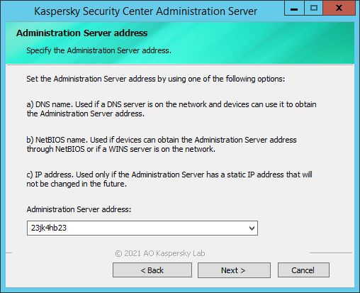 The "Administration Server address" window