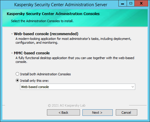 The "Kaspersky Security Center 14 Administration Consoles" window