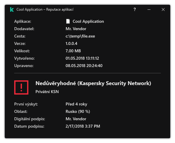 Okno obsahuje informace o reputaci souboru a další údaje, jako je přítomnost digitálního podpisu.