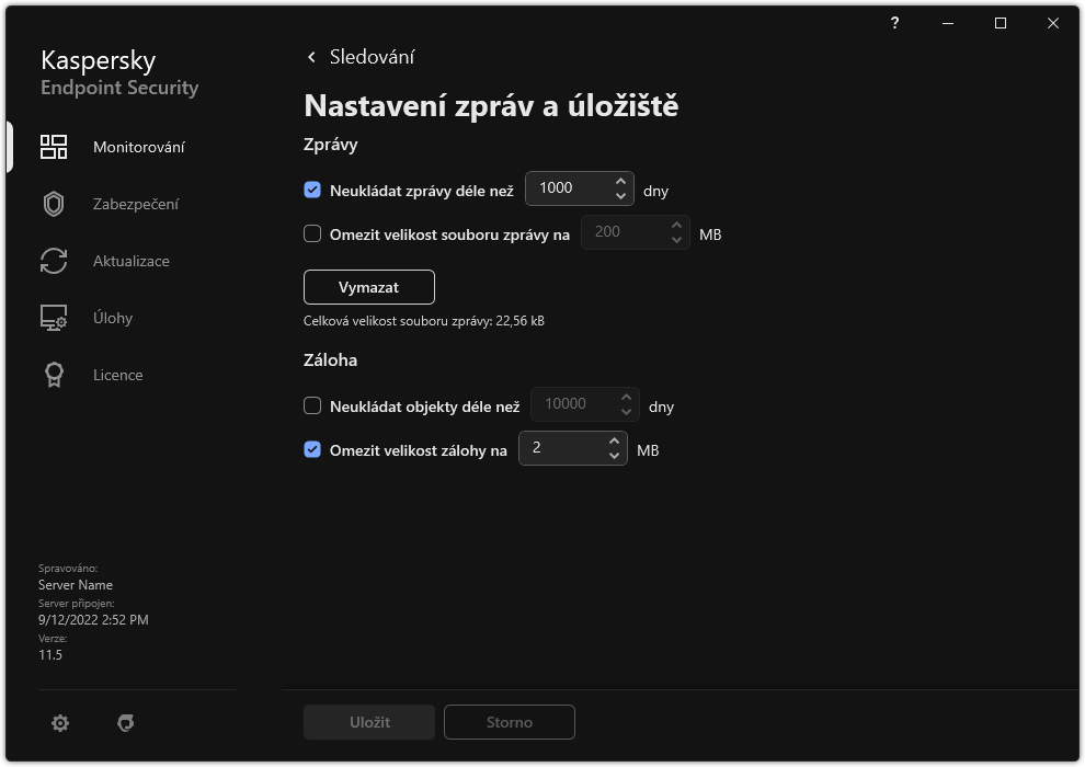 Okno Nastavení zpráv a úložiště. Uživatel může nastavit velikost a omezit dobu uložení sestav a objektů v úložišti.