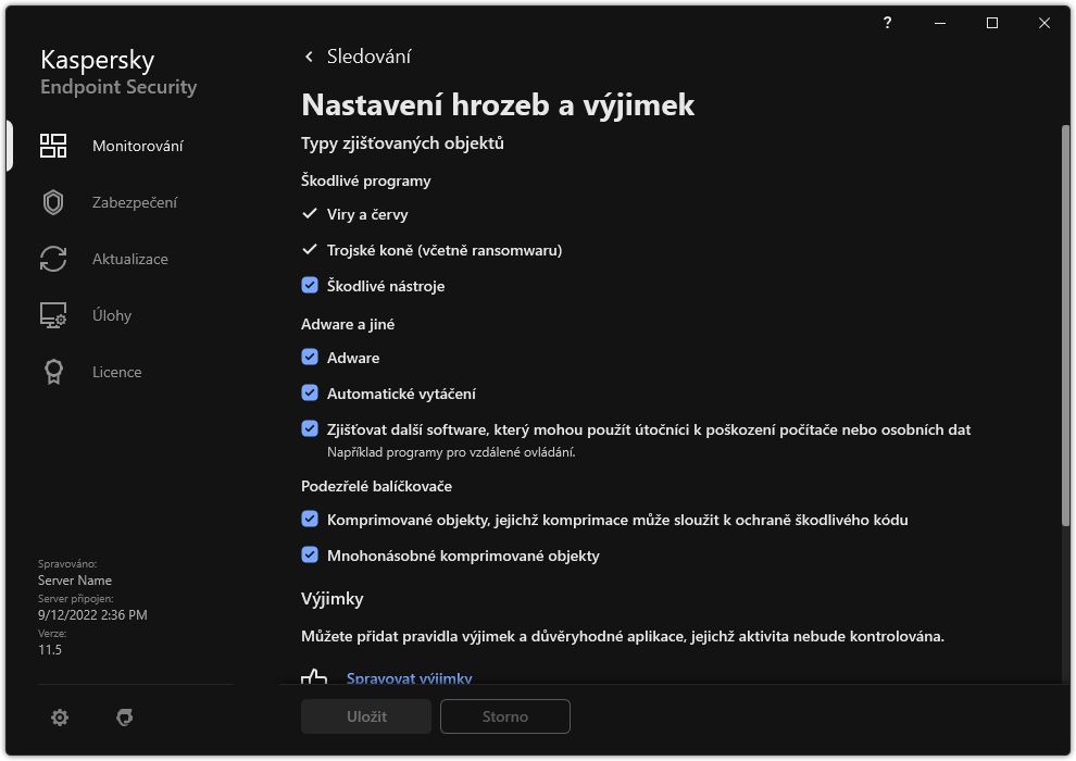 Okno nastavení výjimek. Uživatel může vybrat typy zjišťovaných objektů a přidat objekty do výjimek.