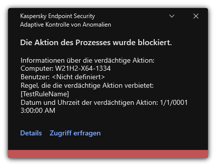 Benachrichtigung über eine ausgelöste Regel. Der Benutzer kann eine Erlaubnisanfrage für eine Prozessaktion erstellen.