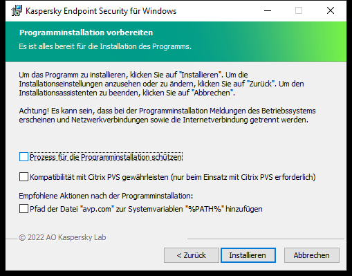 Fenster mit Installationseinstellungen: Installationsschutz, Kompatibilität mit Citrix PVS, Systemvariable für avp.com.