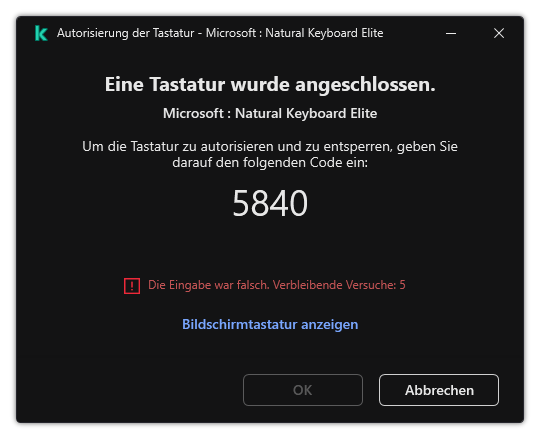 Das Fenster mit einem Autorisierungscode für die Tastatur. Der Benutzer kann die Bildschirmtastatur aktivieren und den Code eingeben.