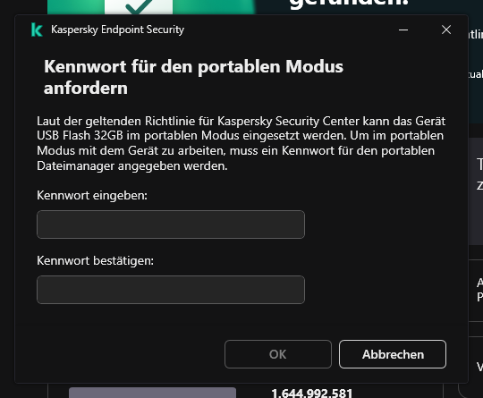 Das Fenster enthält Felder zur Eingabe und Bestätigung des Kennworts.