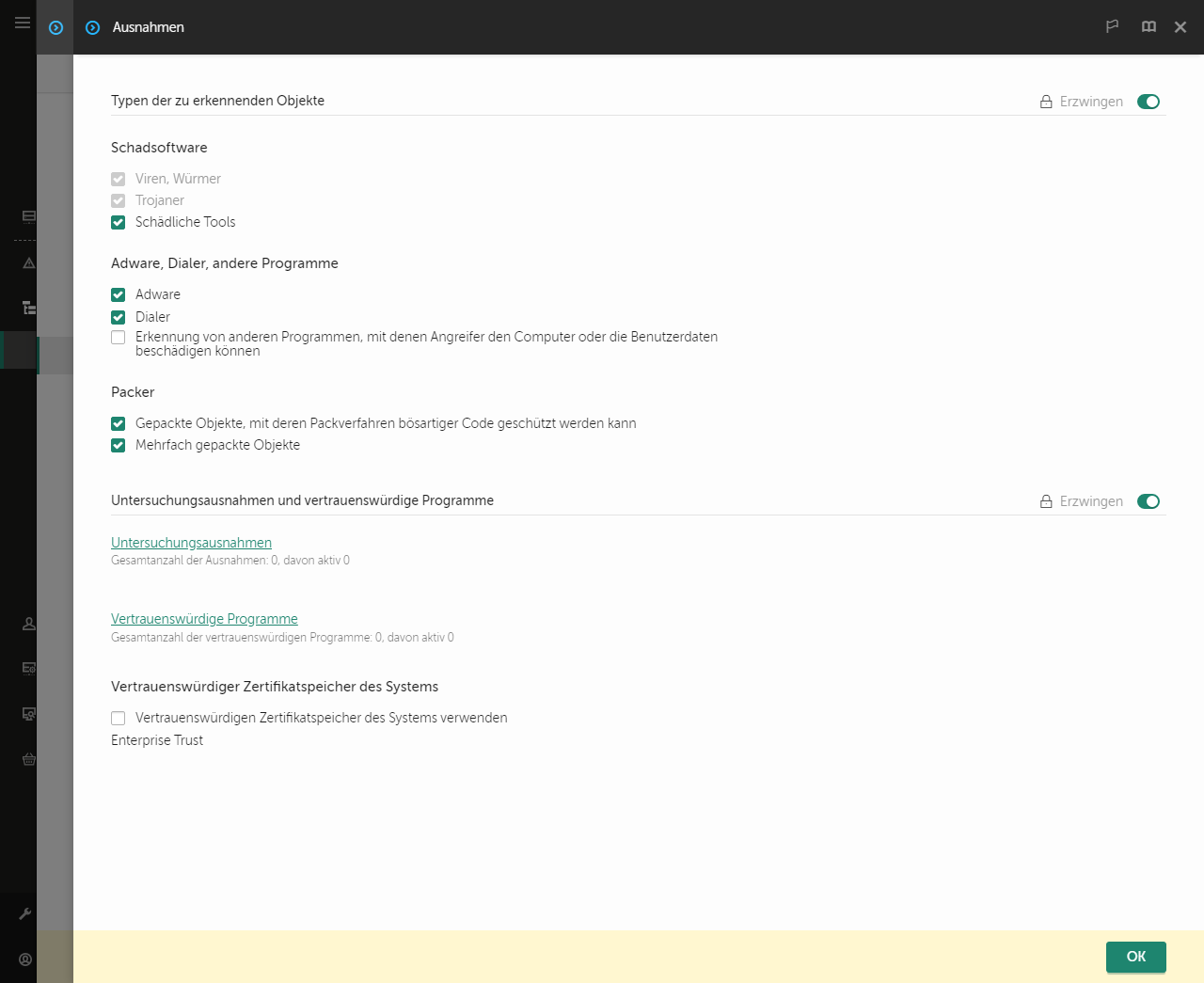 Fenster mit Einstellungen für Ausnahmen. Der Benutzer kann Ausnahmen und vertrauenswürdige Apps hinzufügen.