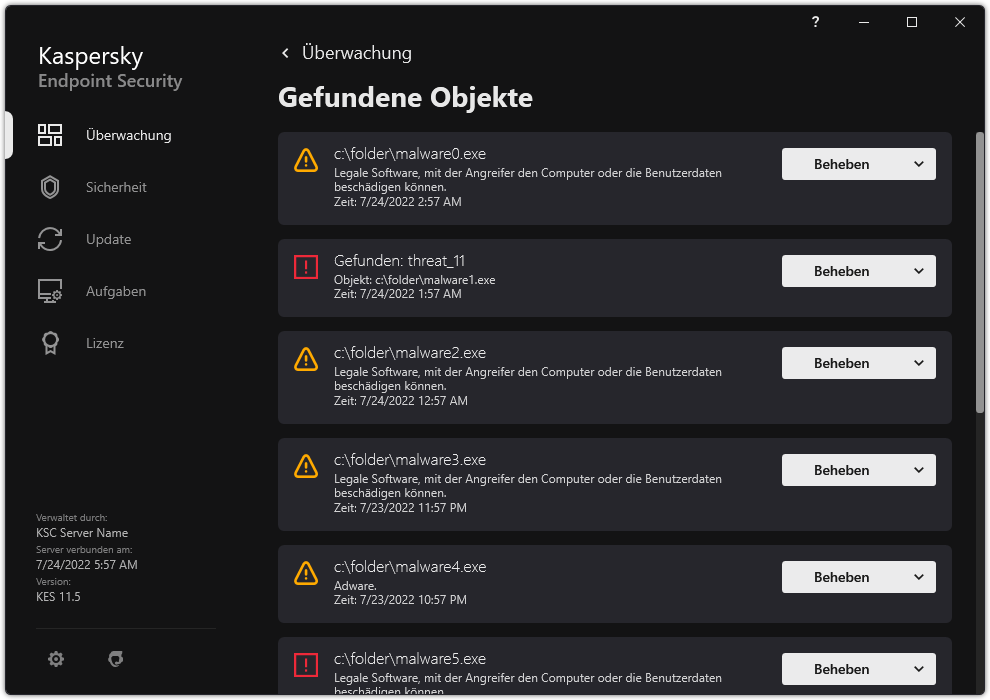 Ein Fenster mit einer Liste der erkannten Objekte. Informationen zum Objekt werden angezeigt. Der Benutzer kann das Objekt verarbeiten oder entfernen.