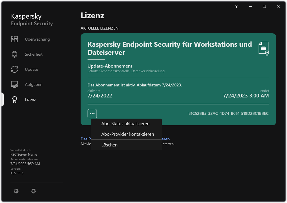 Das Fenster mit Informationen zur Lizenz. Der Benutzer kann den Abo-Status aktualisieren, den Abo-Anbieter kontaktieren oder die Lizenz entfernen.