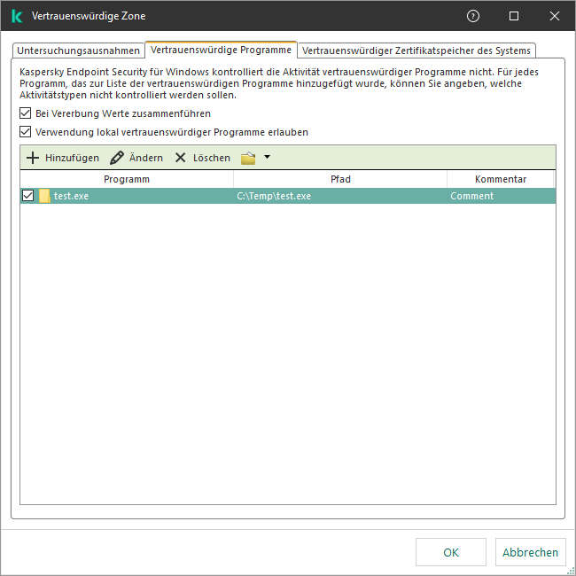 Ein Fenster mit der Liste der vertrauenswürdigen Apps. Der Benutzer kann eine vertrauenswürdige App hinzufügen, bearbeiten oder entfernen.